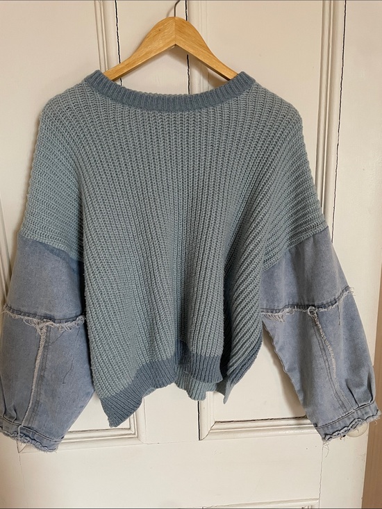 debut Sweaters - debut Light Blue Knit Sweater with Denim Sleeve Panels